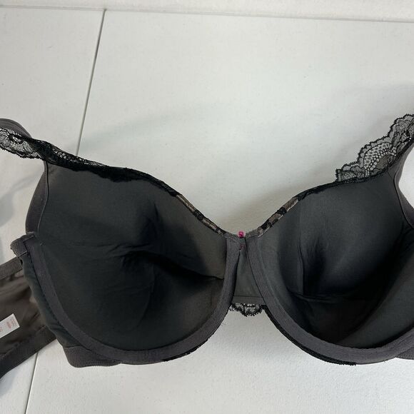 Cacique 42DD Smooth Lightly Lined Full Coverage Bra With Lace Gray Pink Bow - Picture 10 of 16